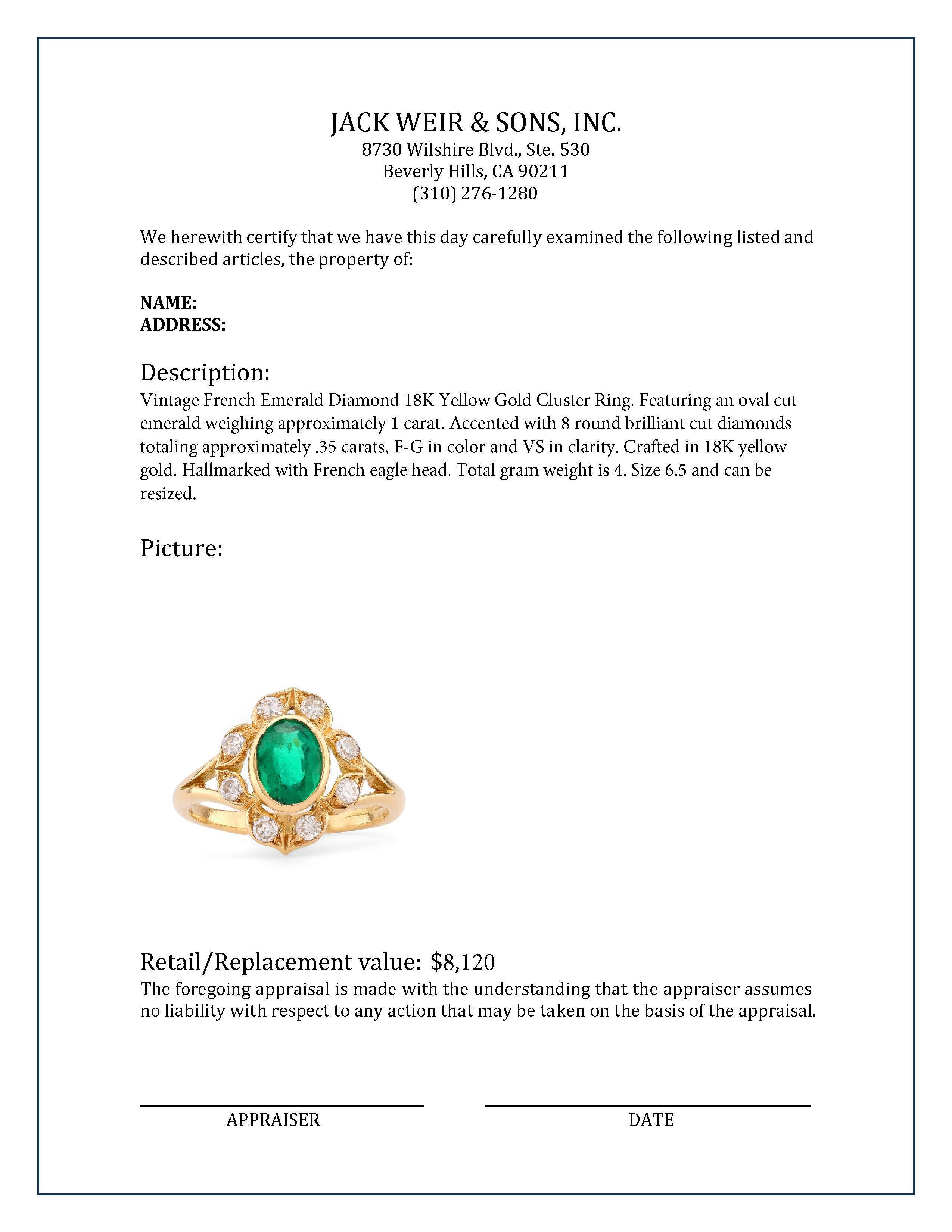 Französischer Smaragd-Diamant-Cluster-Ring aus 18 Karat Gelbgold im Zustand „Hervorragend“ in Beverly Hills, CA