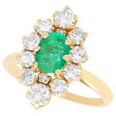 Vintage French Emerald Diamond 18k Yellow Gold Dress Ring Circa 1990