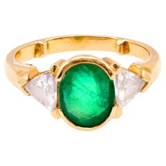 Vintage French Emerald Diamond 18K Yellow Gold Three Stone Ring
