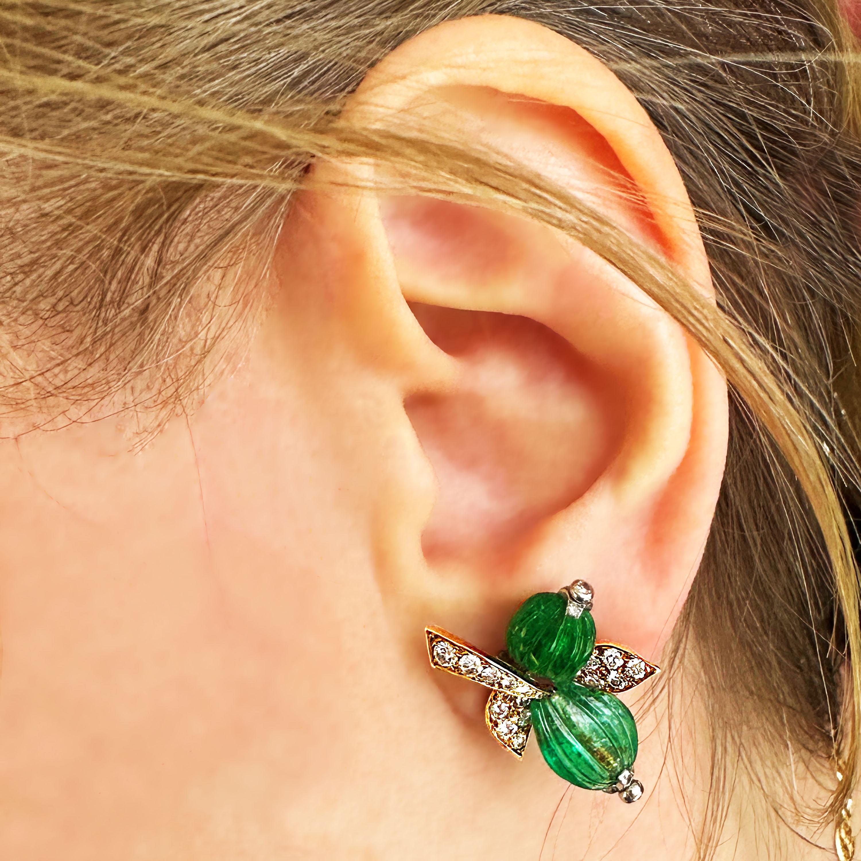 Women's Vintage French Emerald Diamond and Gold Clip-on Earrings by André Vassort, Circa For Sale
