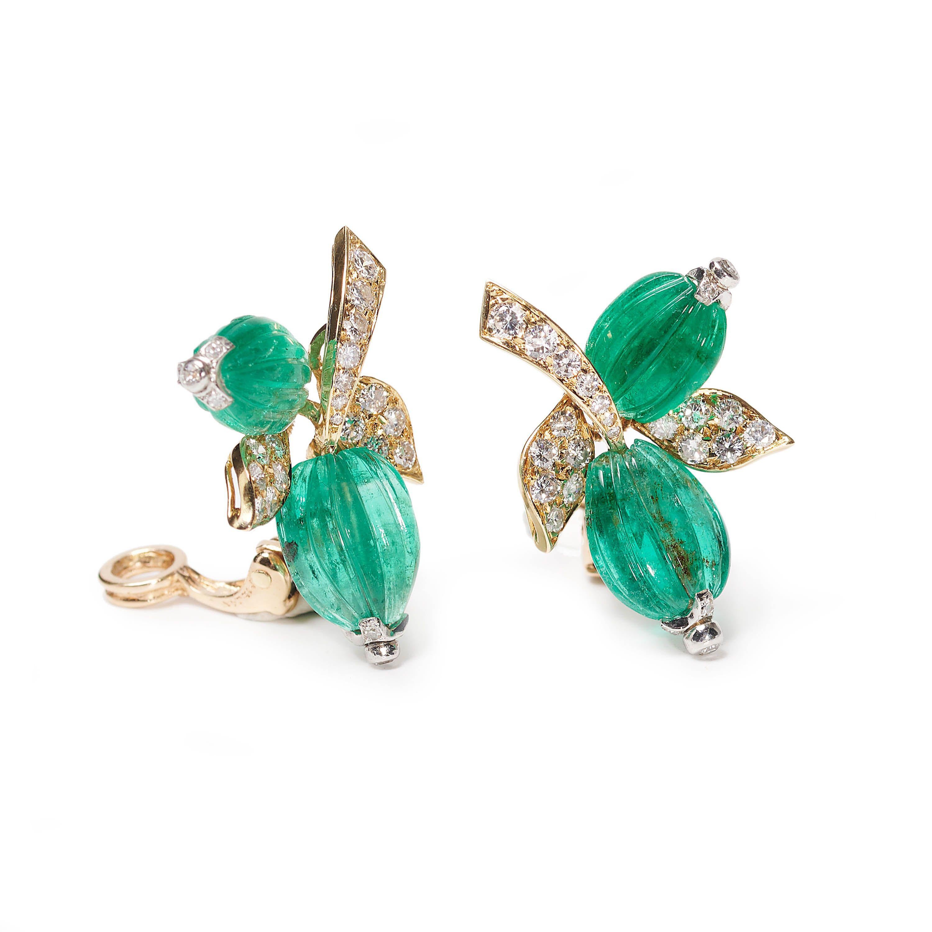 Retro Vintage French Emerald Diamond and Gold Clip-on Earrings by André Vassort, Circa For Sale