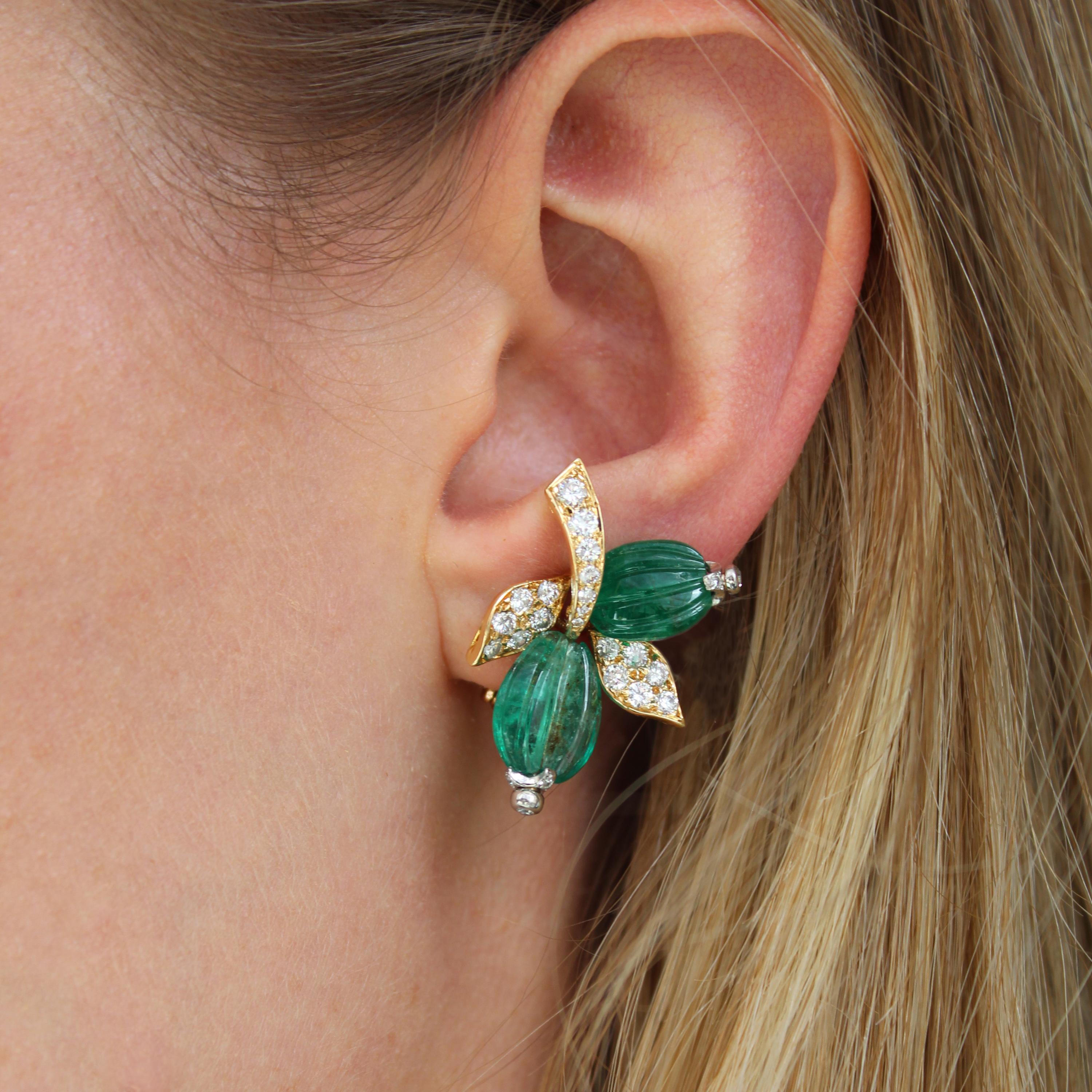 Brilliant Cut Vintage French Emerald Diamond and Gold Clip-on Earrings by André Vassort, Circa For Sale