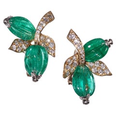Vintage French Emerald, Diamond and Gold Clip-on Earrings by André Vassort