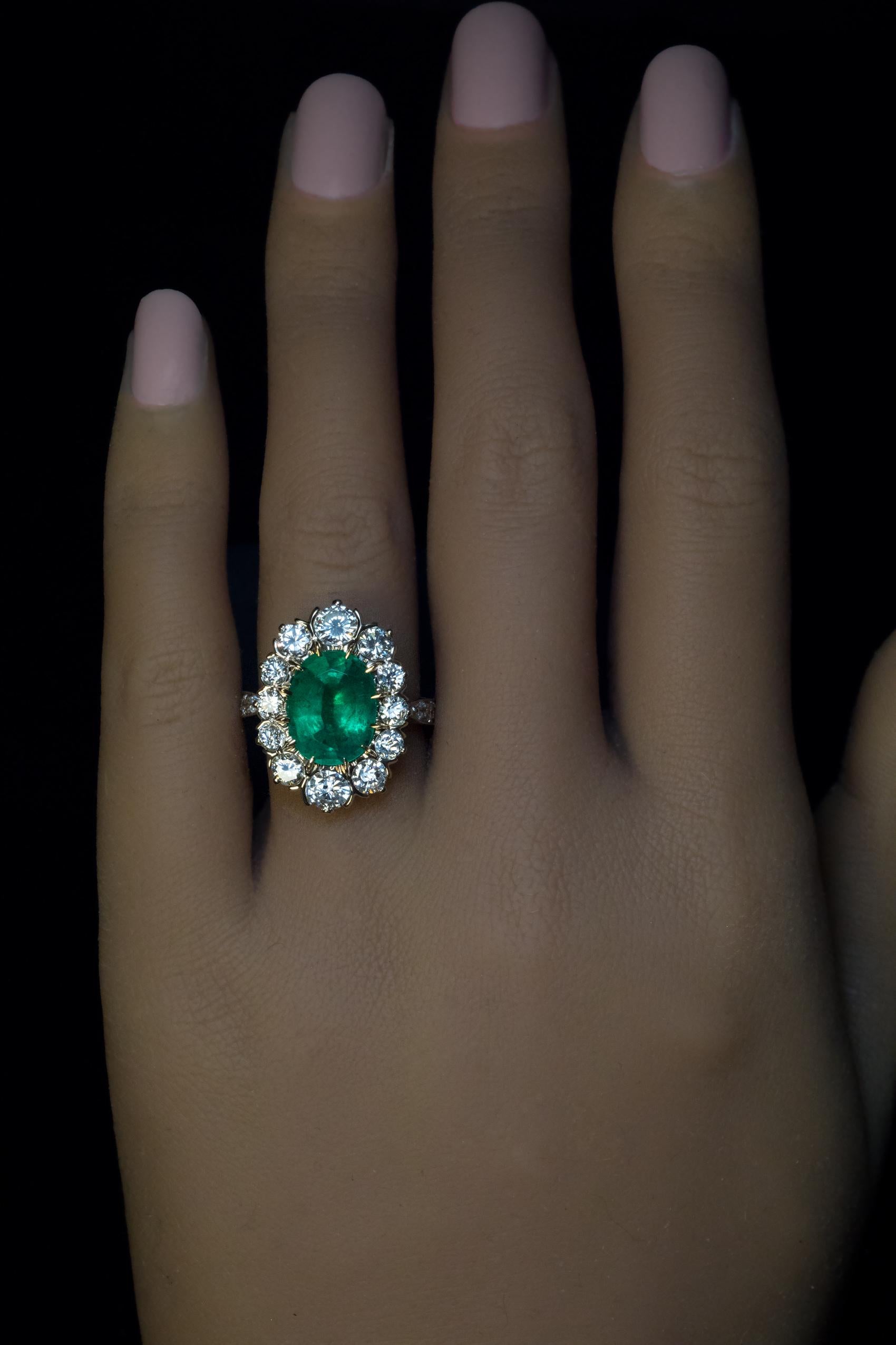 Oval Cut Vintage French Emerald Diamond Cluster Ring