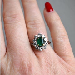 Vintage French Emerald & Diamond Daisy Ring - 18k White Gold - Circa 1990