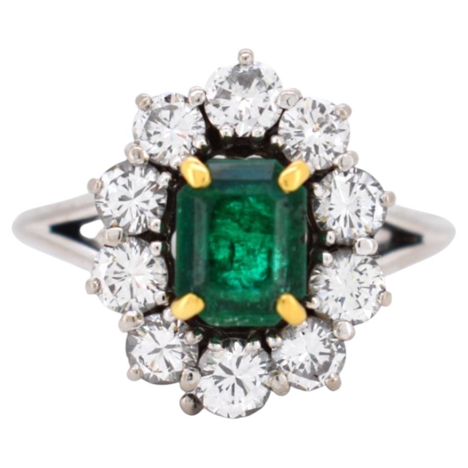 Vintage French Emerald & Diamond Daisy Ring - 18k White Gold - Circa 1990