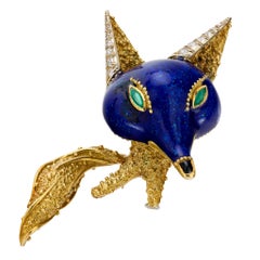 Vintage French emerald diamond onyx 18k yellow gold enamel fox brooch