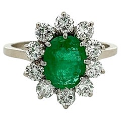 Vintage French Emerald Diamond Platinum 18k Gold Cluster Ring