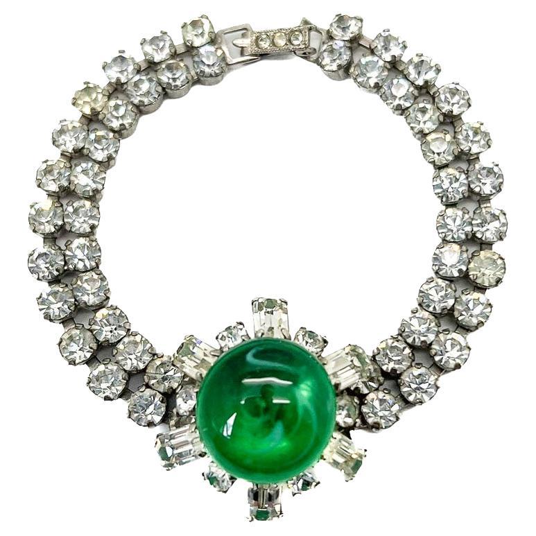 Vintage French Emerald Poured Glass Bracelet 1940s For Sale