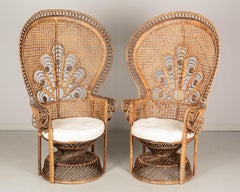 Vintage French Emmanuelle Rattan Peacock Fan Chairs, a Pair