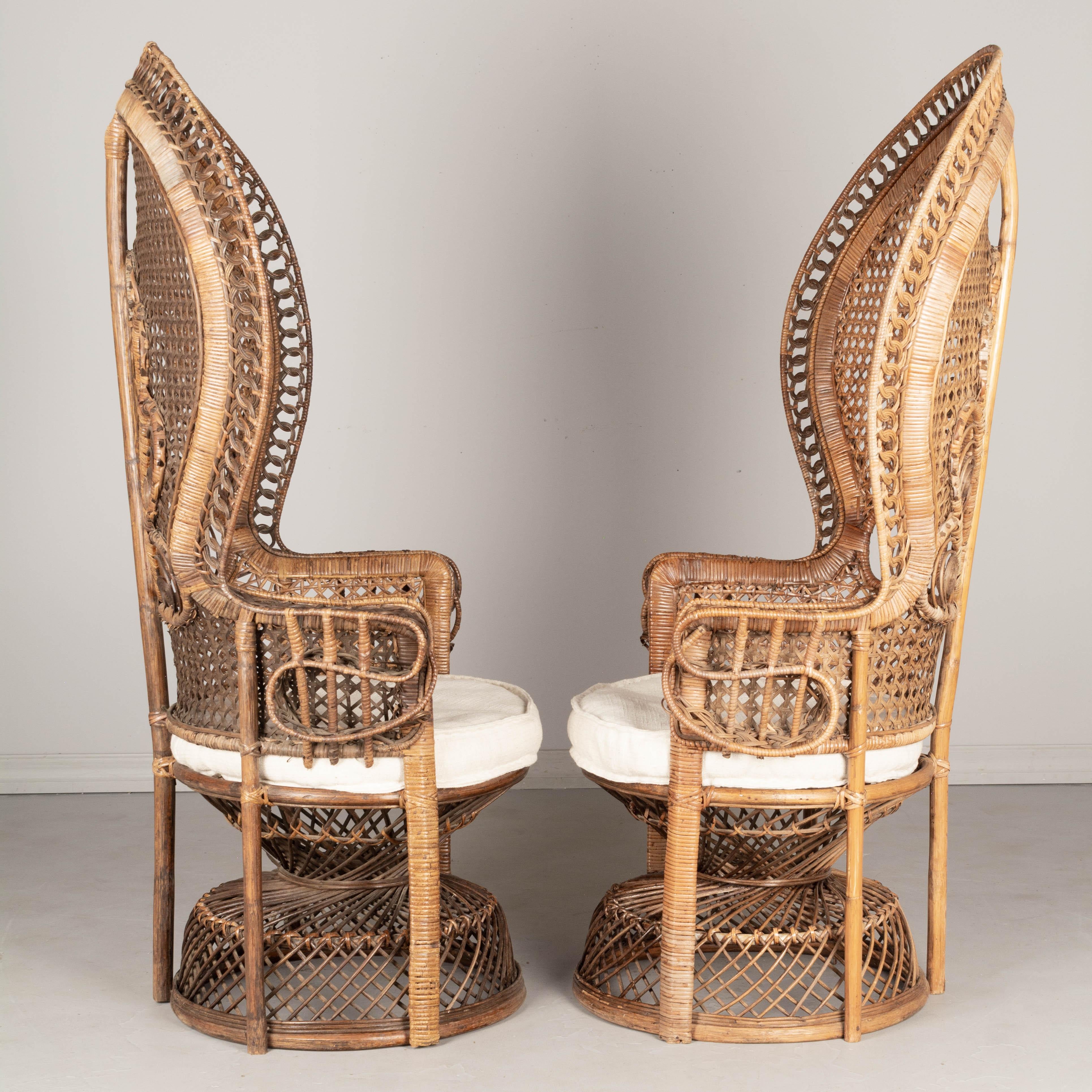 Hand-Crafted Vintage French Emmanuelle Rattan Peacock Fan Chairs, a Pair