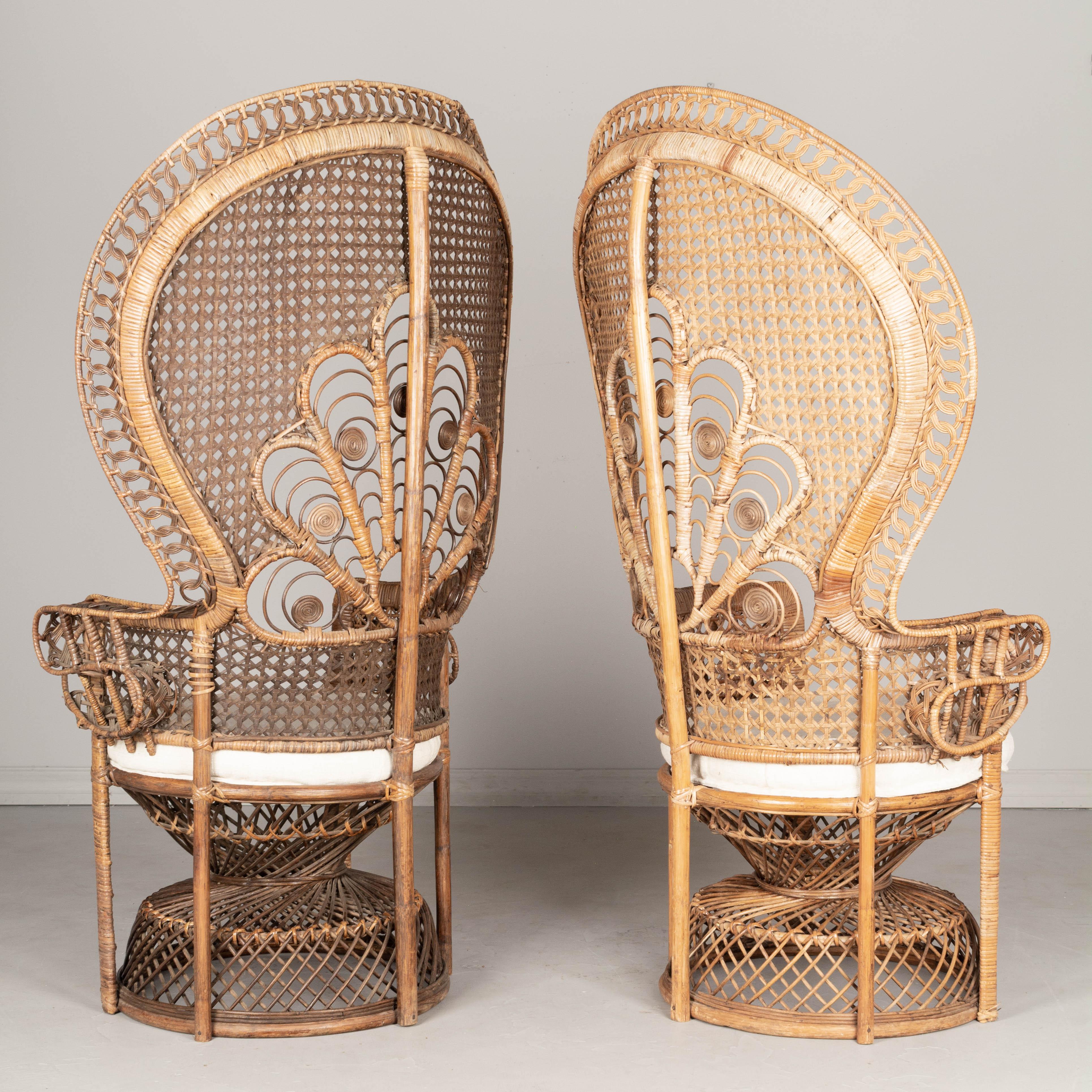 20th Century Vintage French Emmanuelle Rattan Peacock Fan Chairs, a Pair
