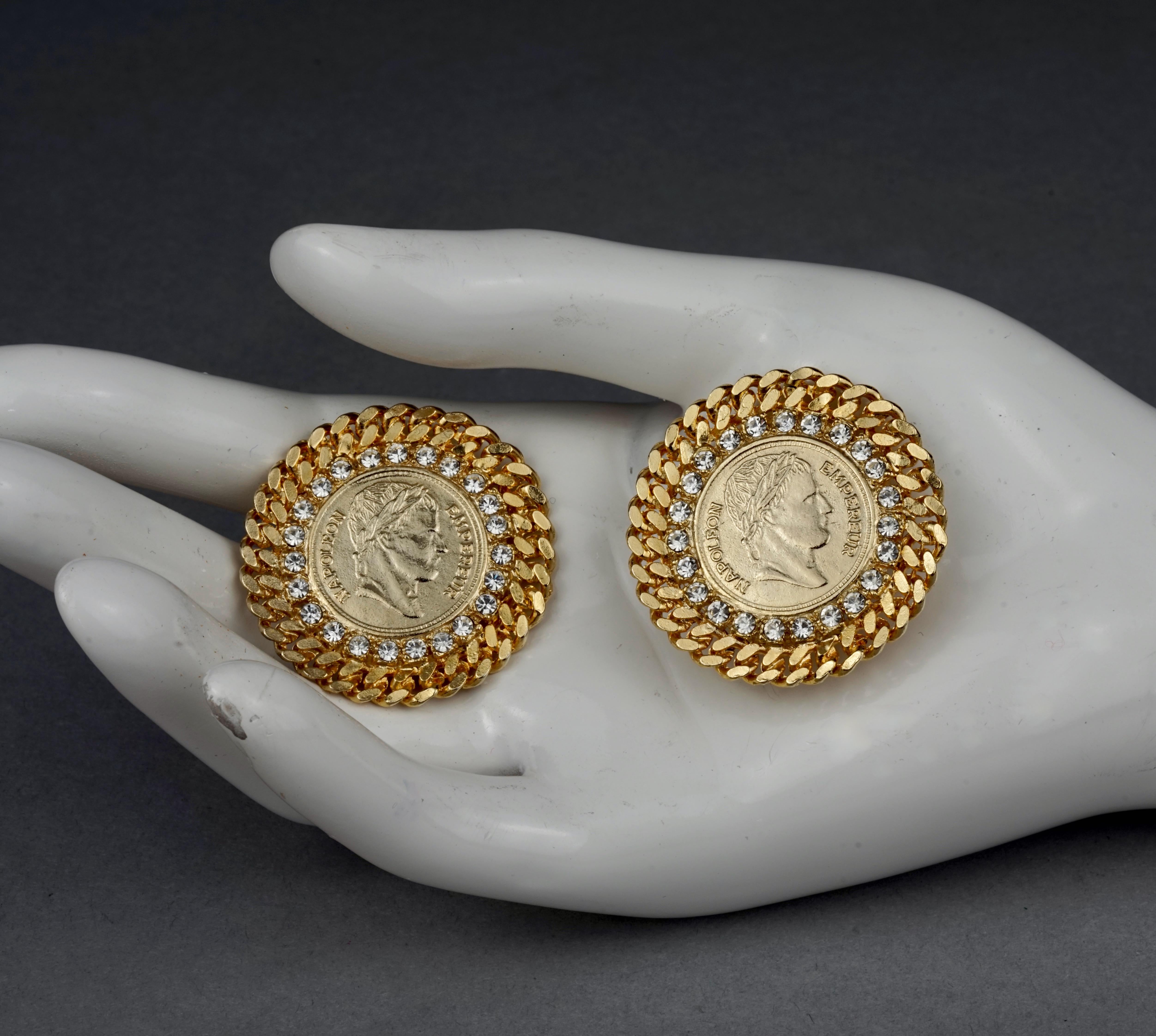 Vintage French EMPEROR NAPOLEON Coin Disc Rhinestone Earrings For Sale 3