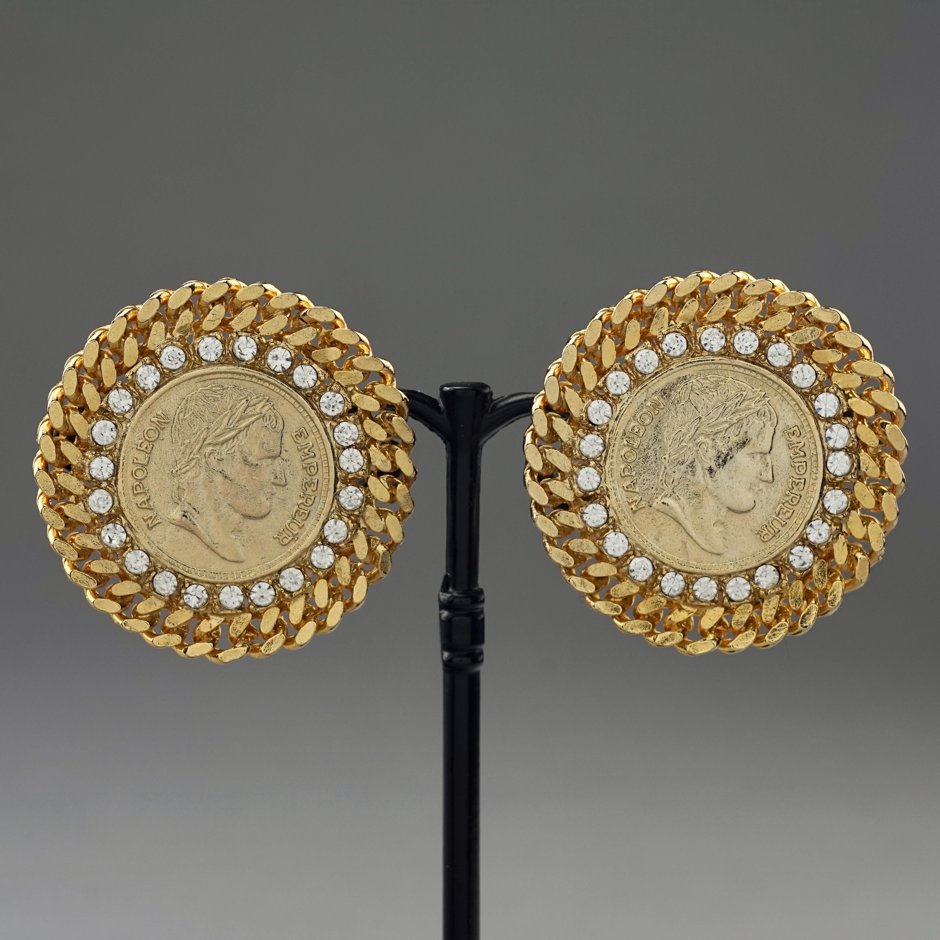 Vintage French EMPEROR NAPOLEON Coin Disc Rhinestone Earrings In Excellent Condition For Sale In Kingersheim, Alsace