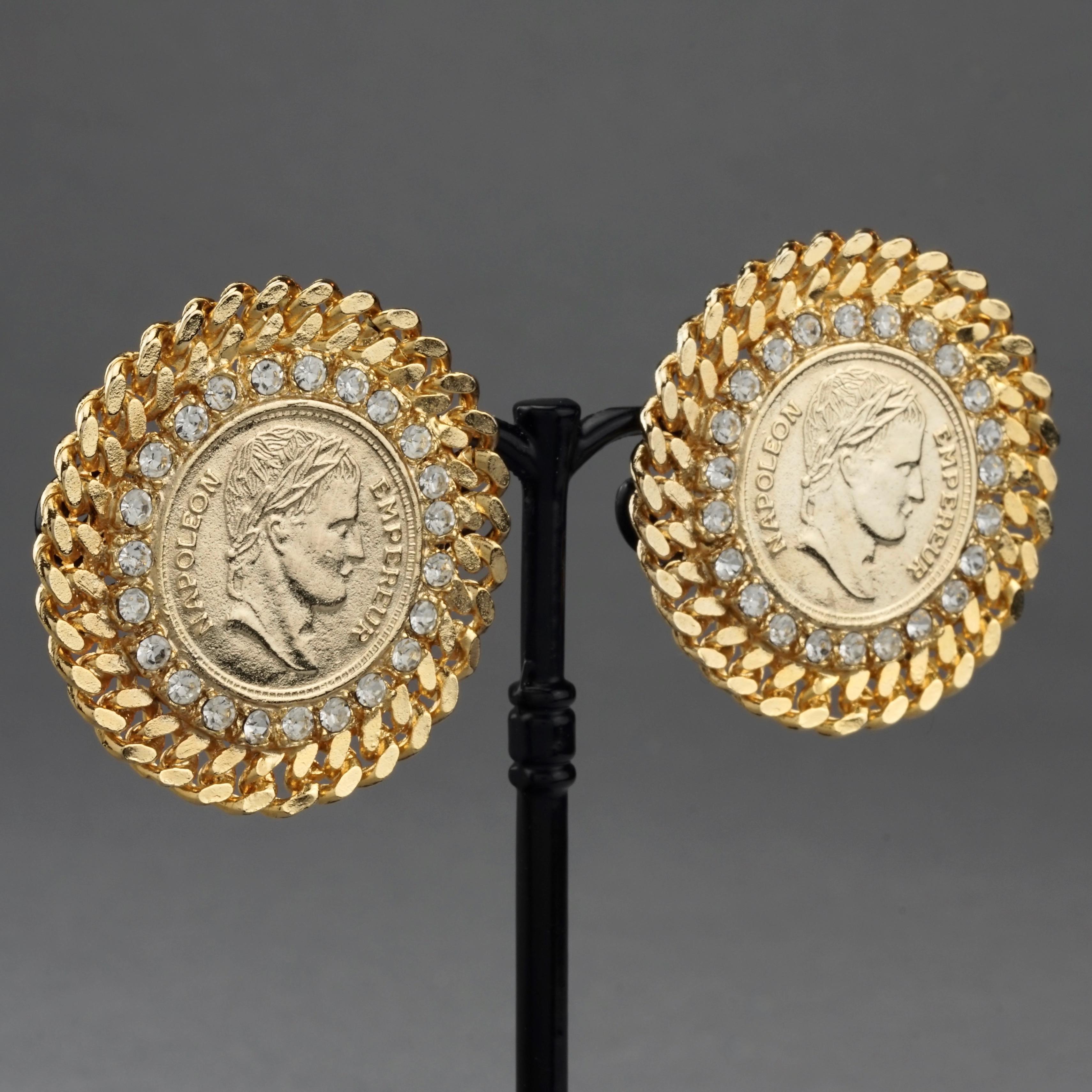 Women's Vintage French EMPEROR NAPOLEON Coin Disc Rhinestone Earrings For Sale