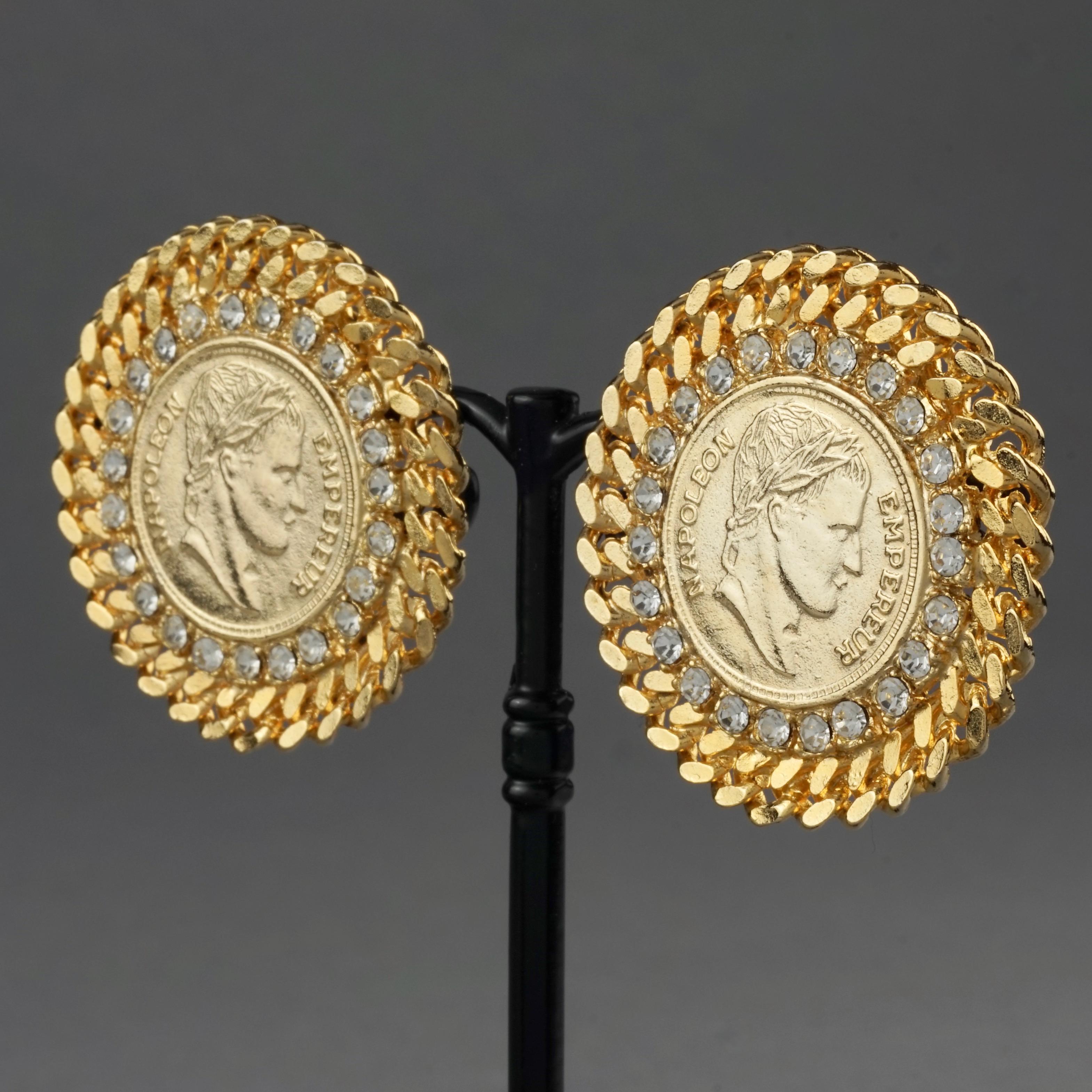 Vintage French EMPEROR NAPOLEON Coin Disc Rhinestone Earrings For Sale 1