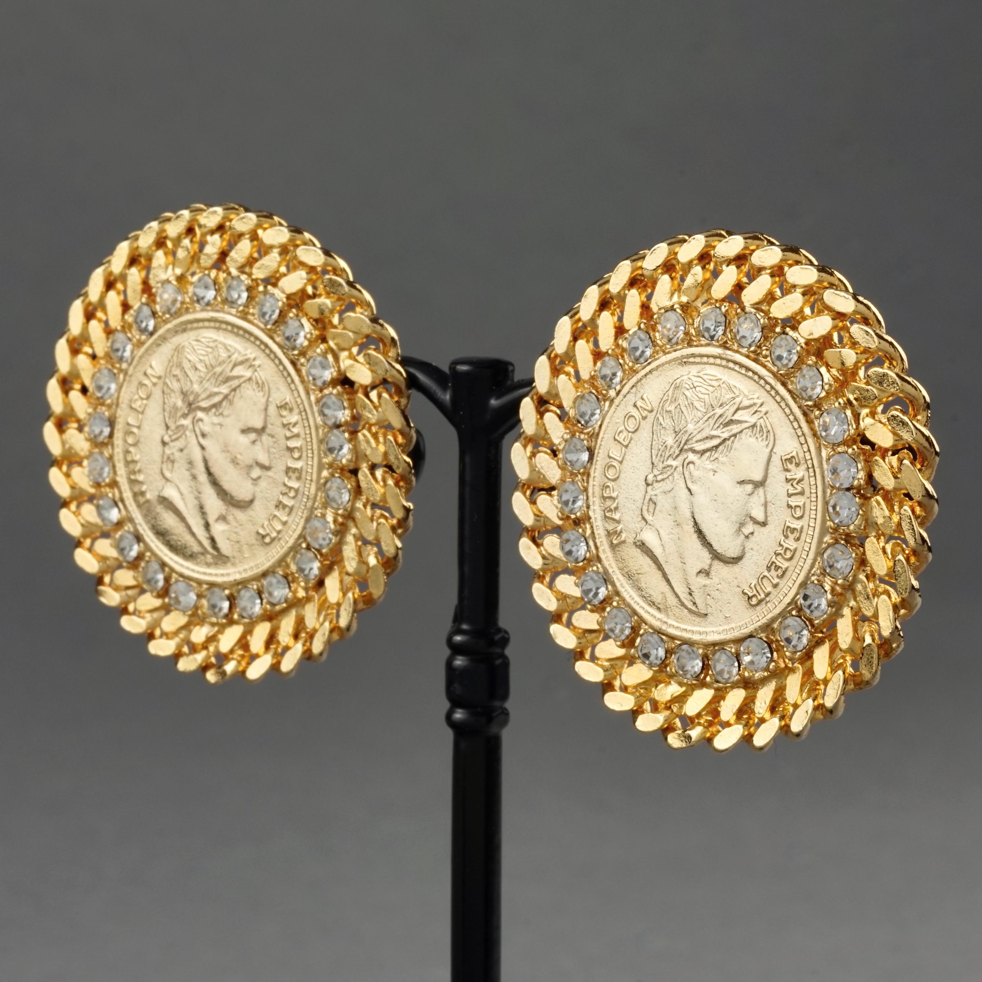 Vintage French EMPEROR NAPOLEON Coin Disc Rhinestone Earrings For Sale 2