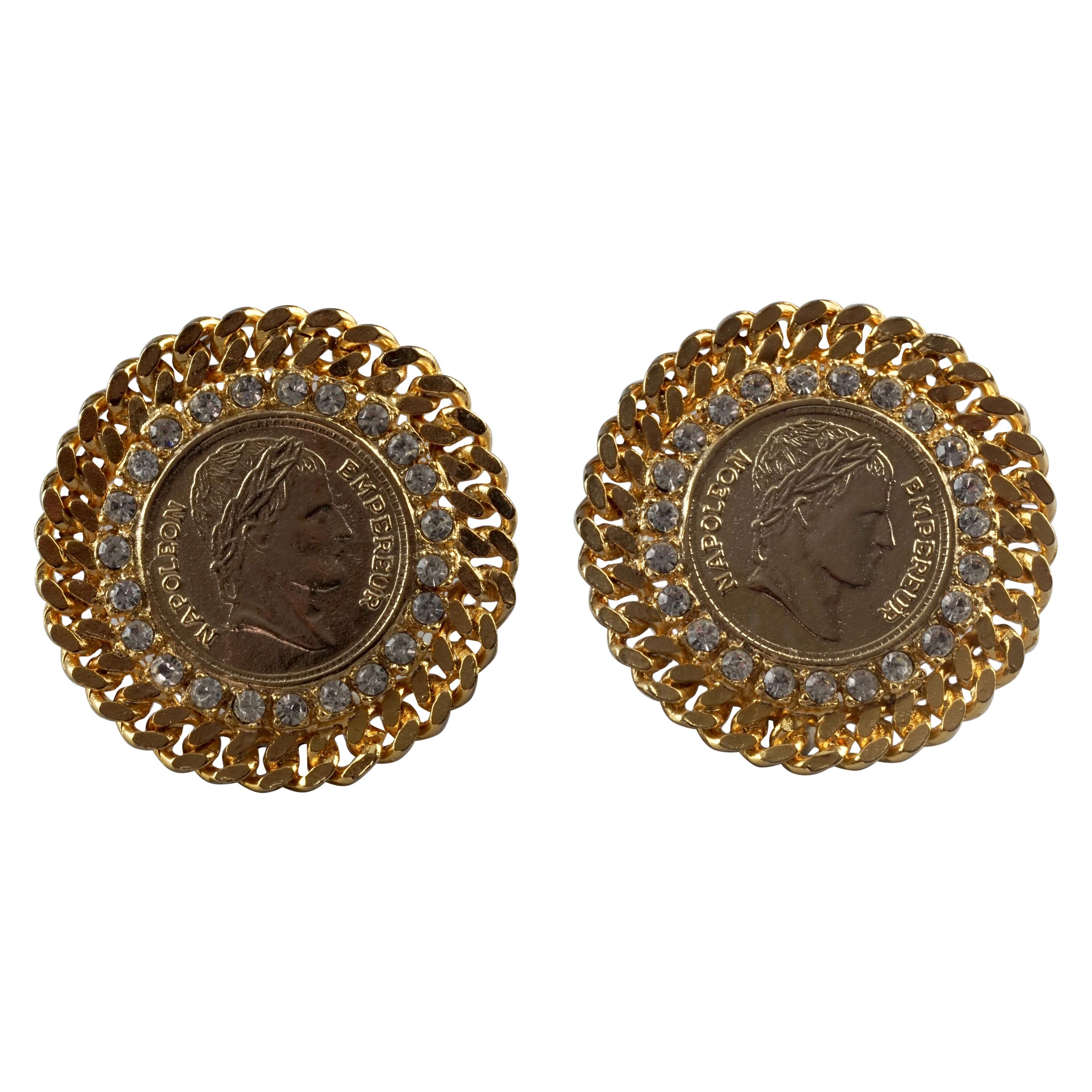 Vintage French EMPEROR NAPOLEON Coin Disc Rhinestone Earrings For Sale