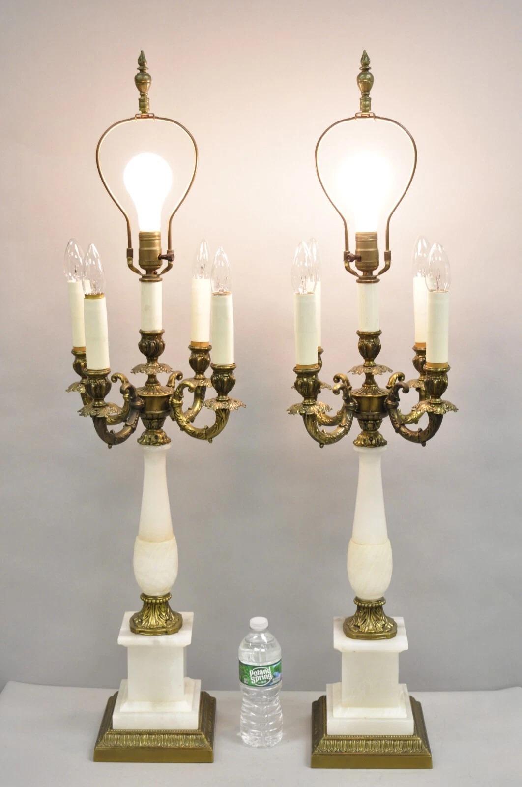 Lampada da tavolo a candelabro in metallo e ottone con colonna in alabastro dell'Impero francese d'epoca - coppia in vendita 5