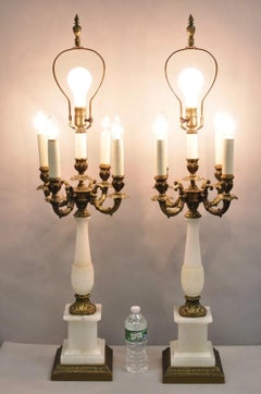 Vintage French Empire Alabaster Column Brass Metal Candelabra Table Lamps - Pair