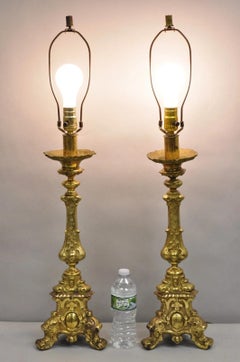 Vintage French Empire Baroque Ornate Brass Candlestick Table Lamps - a Pair