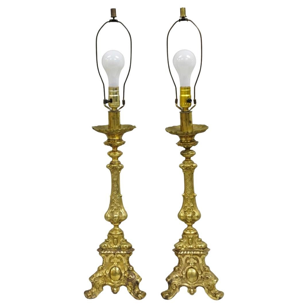 Vintage French Empire Baroque Ornate Brass Candlestick Table Lamps - a Pair