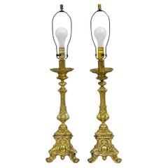 Vintage French Empire Baroque Ornate Brass Candlestick Table Lamps - a Pair