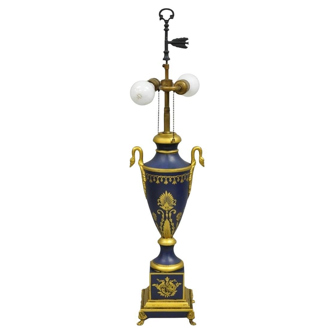 Vintage French Empire Blue Tole Metal Gold Swan Painted Urn Form Table Lamp