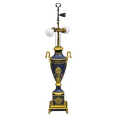 Vintage French Empire Blue Tole Metal Gold Swan Painted Urn Form Table Lamp