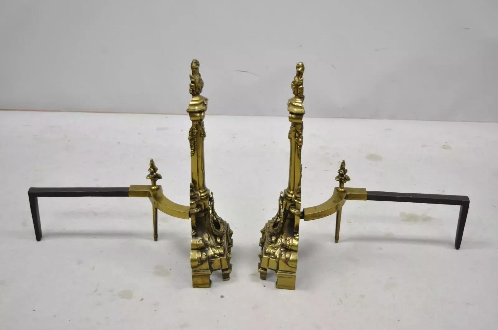 Französische Empire-Messing-Bronze-Säulen-Feuerböcke im Vintage-Stil mit Flammen-Finish, Französisches Empire-Stil, Paar im Angebot 5