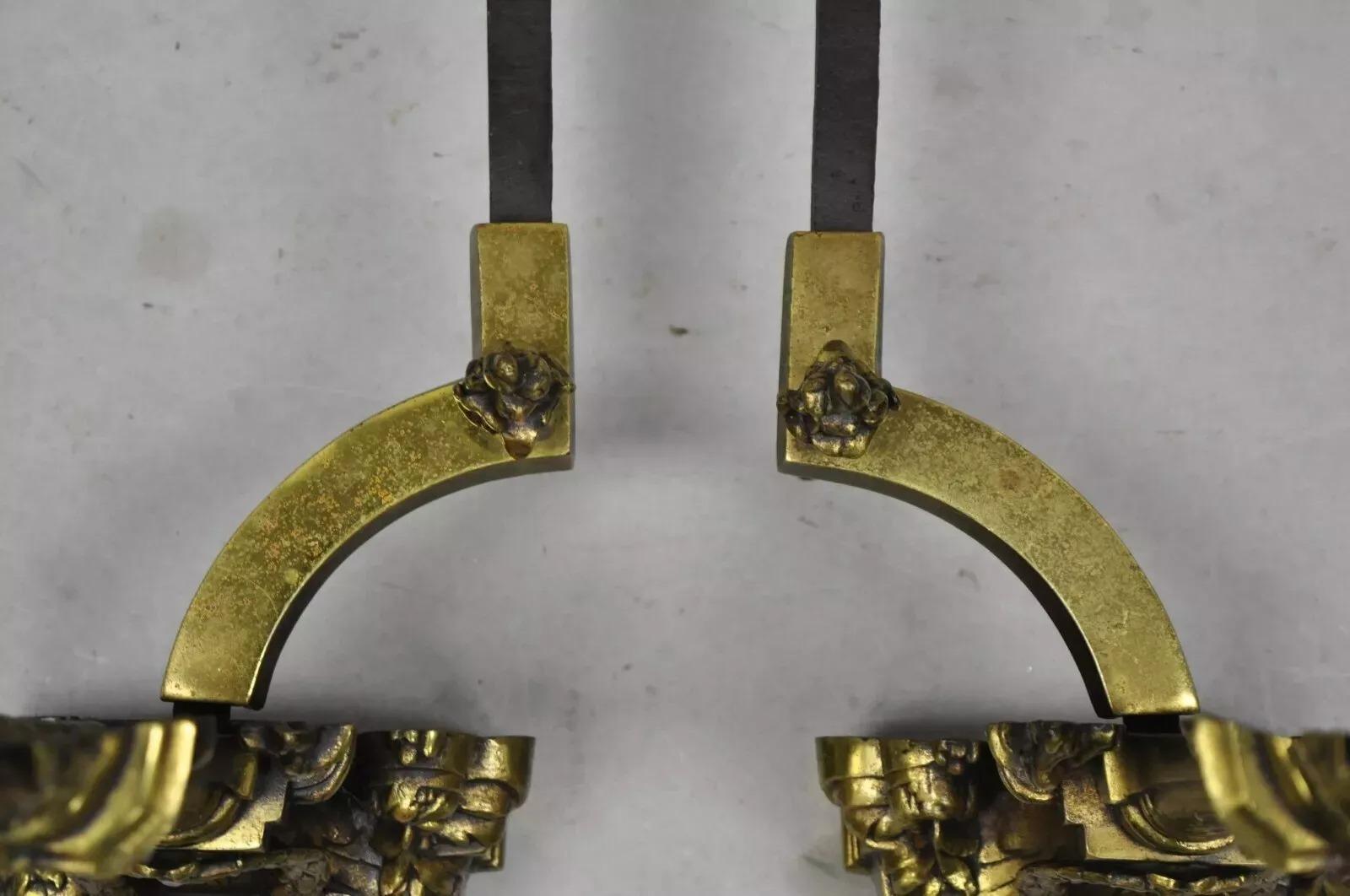 Französische Empire-Messing-Bronze-Säulen-Feuerböcke im Vintage-Stil mit Flammen-Finish, Französisches Empire-Stil, Paar im Angebot 2