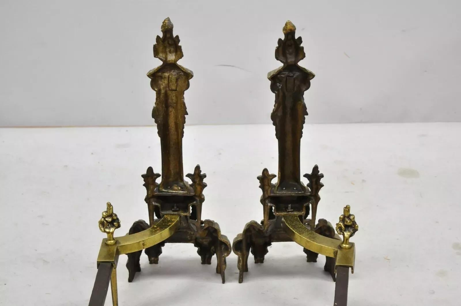 Französische Empire-Messing-Bronze-Säulen-Feuerböcke im Vintage-Stil mit Flammen-Finish, Französisches Empire-Stil, Paar im Angebot 3