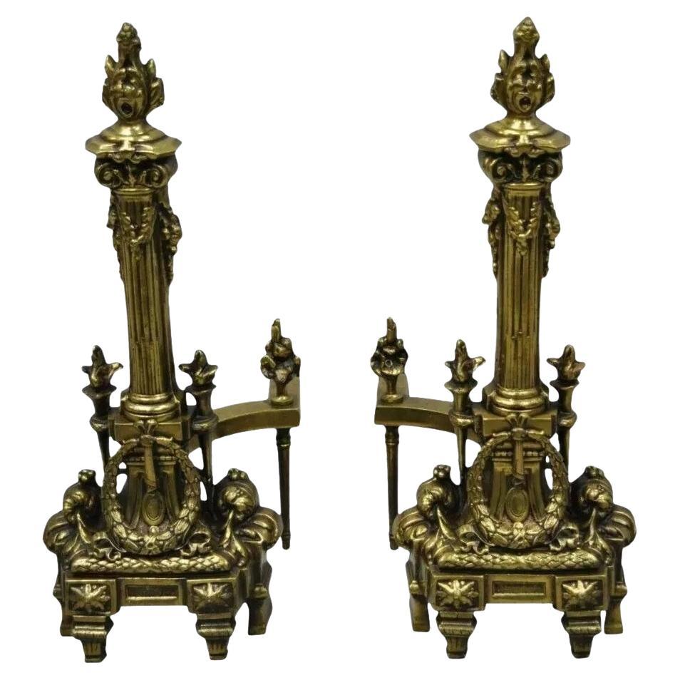 Französische Empire-Messing-Bronze-Säulen-Feuerböcke im Vintage-Stil mit Flammen-Finish, Französisches Empire-Stil, Paar
