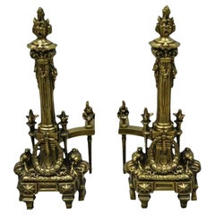 Französische Empire-Messing-Bronze-Säulen-Feuerböcke im Vintage-Stil mit Flammen-Finish, Französisches Empire-Stil, Paar
