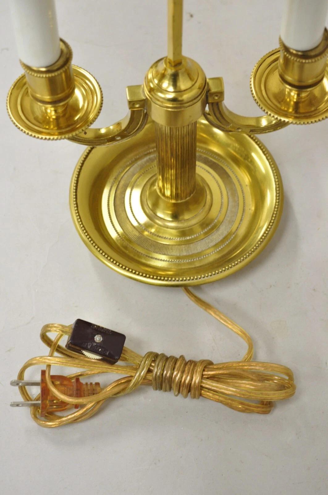 Vintage French Empire Brass Candelabra Bouillotte Desk Lamp w/ Tole Metal Shade For Sale 5