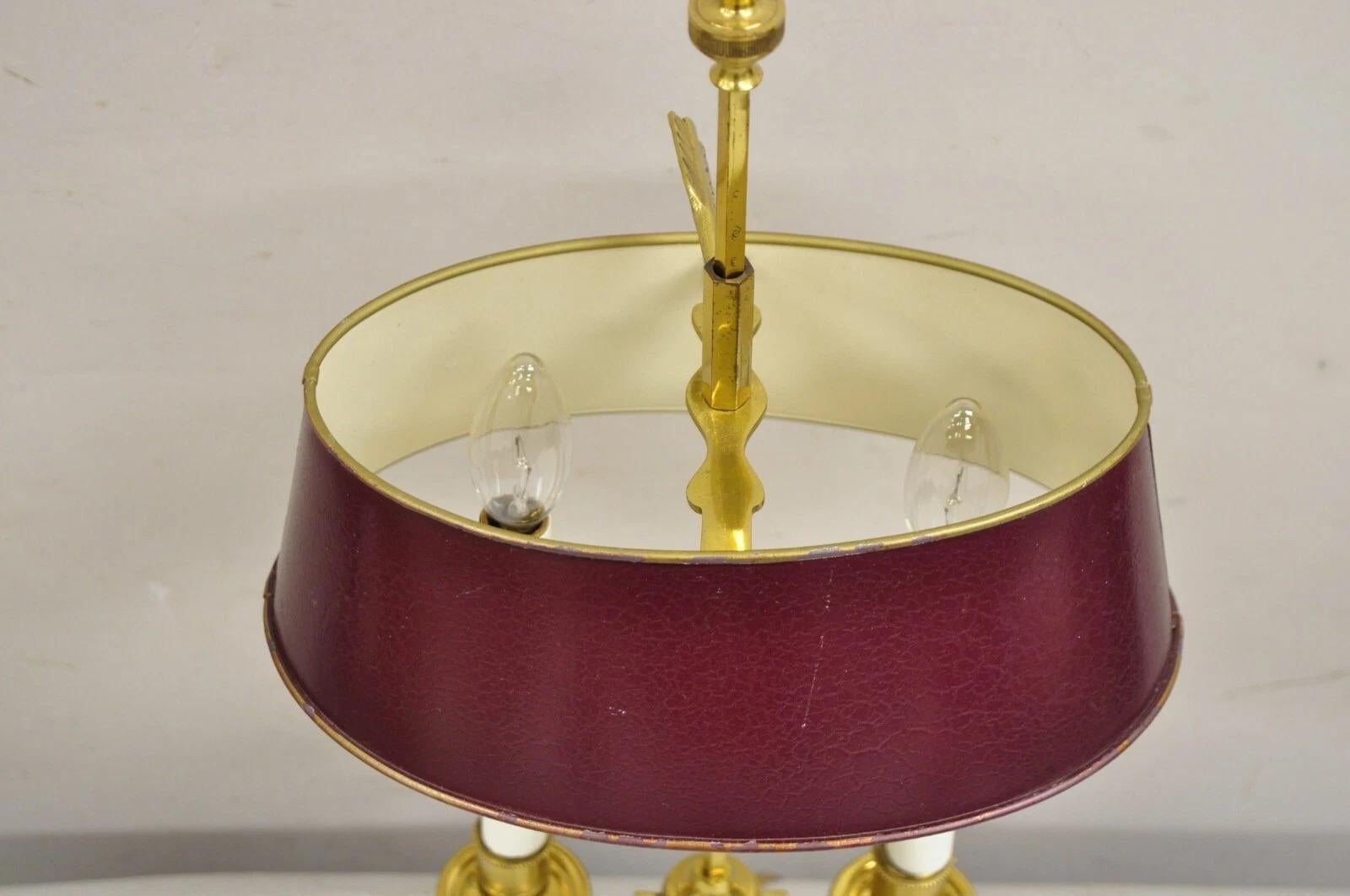 Vintage French Empire Brass Candelabra Bouillotte Desk Lamp w/ Tole Metal Shade For Sale 6