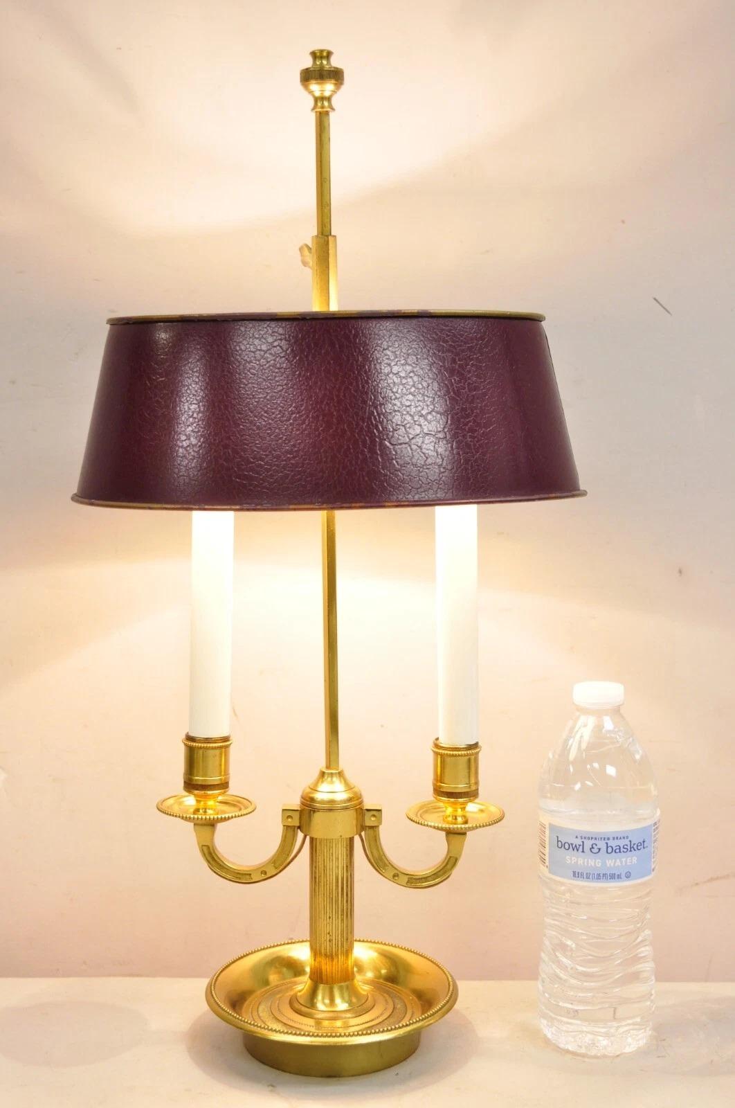 Vintage French Empire Brass Candelabra Small Bouillotte Desk Lamp with Burgundy Painted Oval Tole Metal Shade. Circa Late 20th Century. Measurements: 21