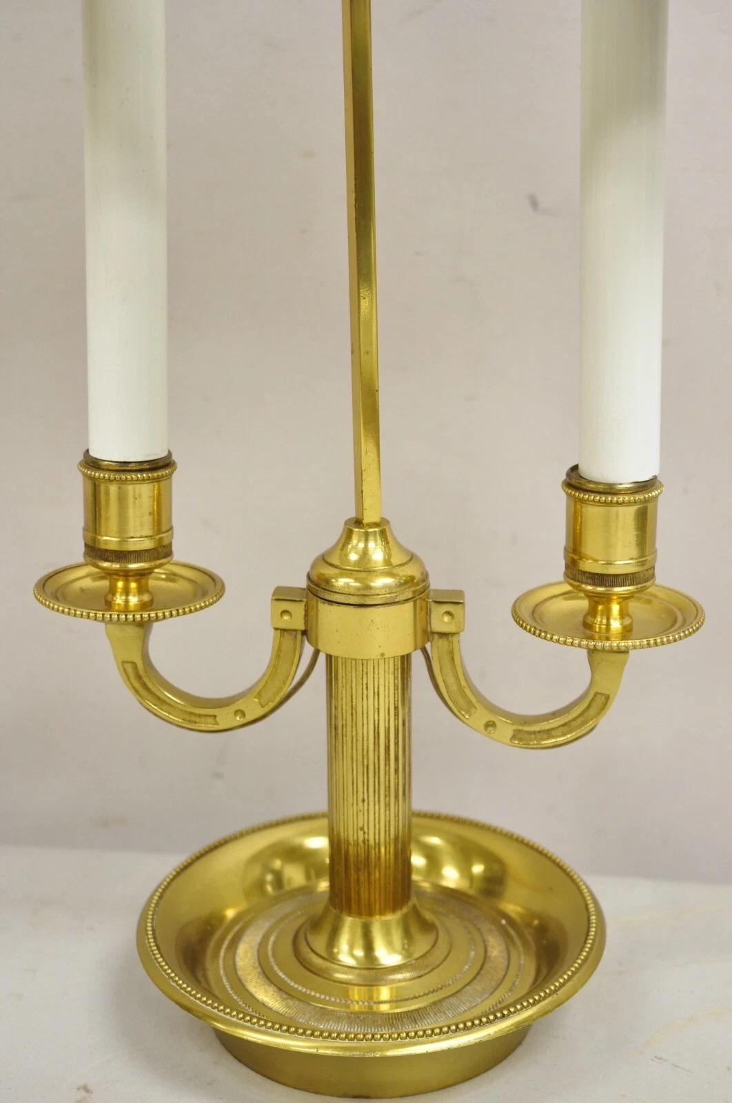 Unknown Vintage French Empire Brass Candelabra Bouillotte Desk Lamp w/ Tole Metal Shade For Sale