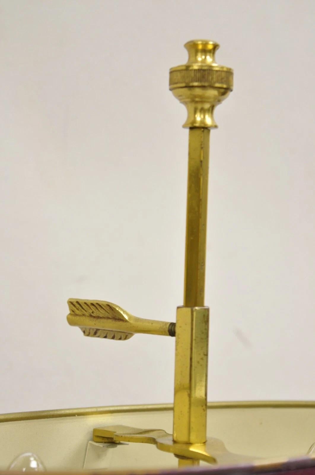 Vintage French Empire Brass Candelabra Bouillotte Desk Lamp w/ Tole Metal Shade In Good Condition For Sale In Philadelphia, PA