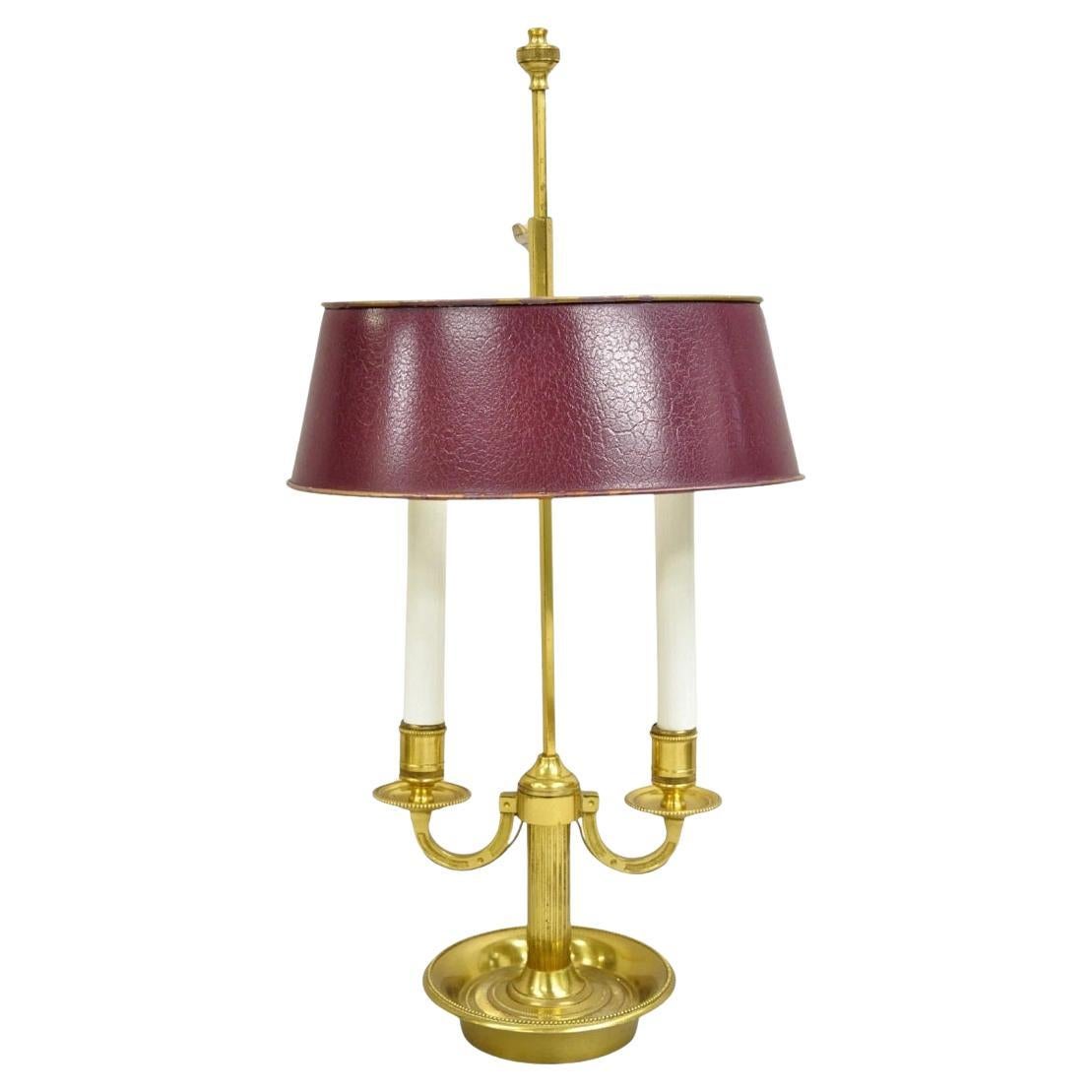 Lampada da scrivania a candelabro Bouillotte in ottone d'epoca dell'Impero francese con paralume in metallo color talpa