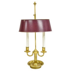 Lampada da scrivania a candelabro Bouillotte in ottone d'epoca dell'Impero francese con paralume in metallo color talpa