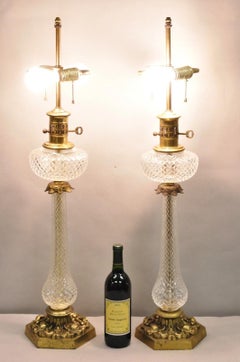 Vintage French Empire Brass & Crystal Glass Column "Oil Lamp" Table Lamps, Pair