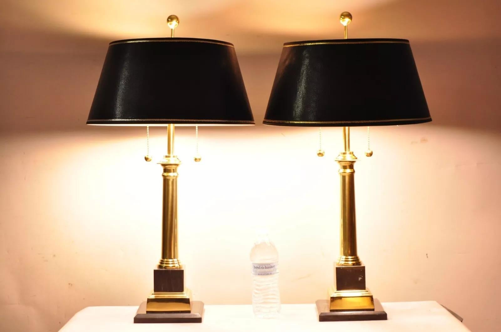 Vintage French Empire Style Italian Black Marble & Polished Brass Column Table Lamps With Black Textured Shades - a Pair. Circa Late 20th Century. Measurements: 27.5