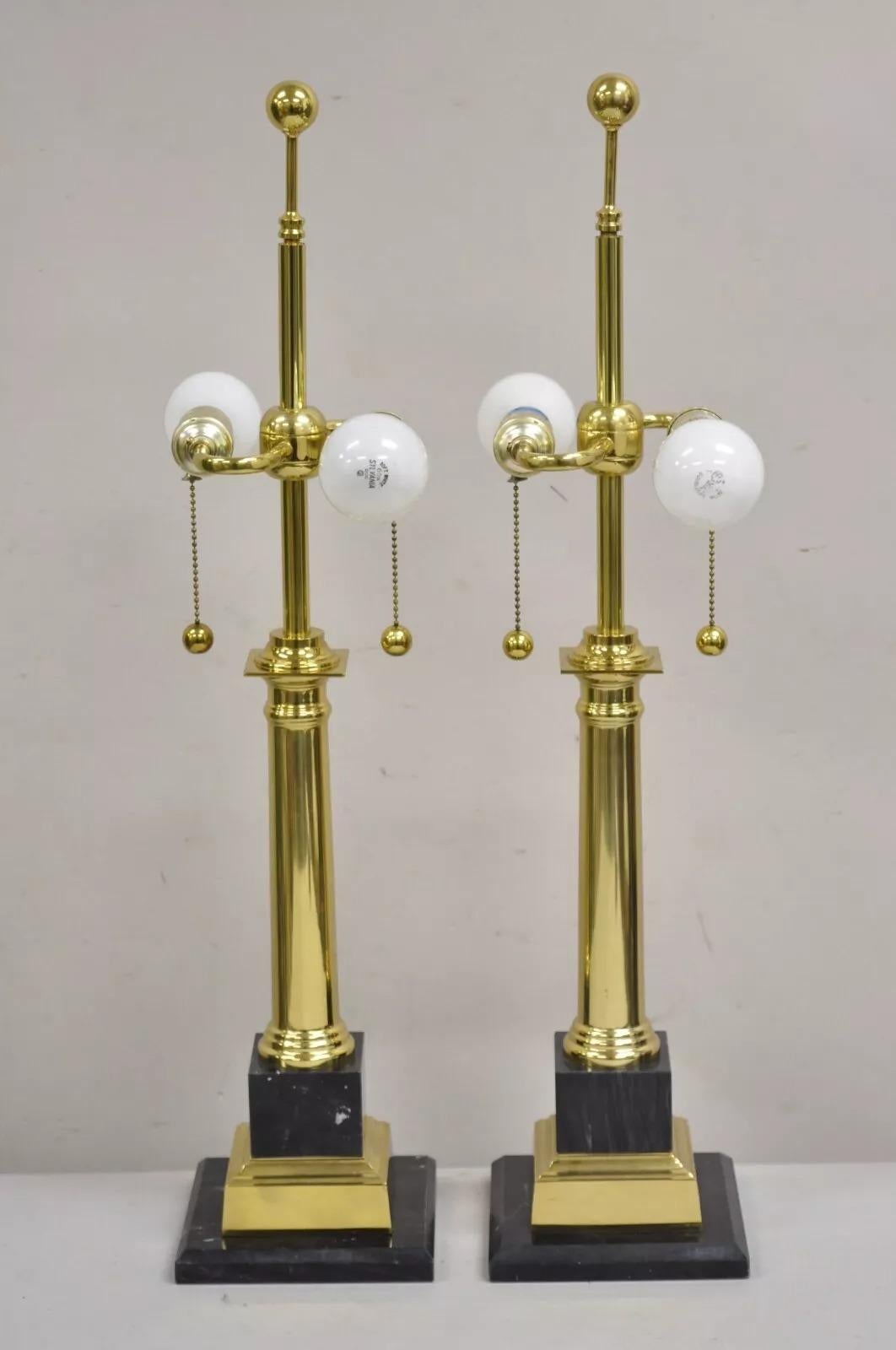 Vintage French Empire Brass & Italian Black Marble Column Table Lamps - a Pair In Good Condition For Sale In Philadelphia, PA