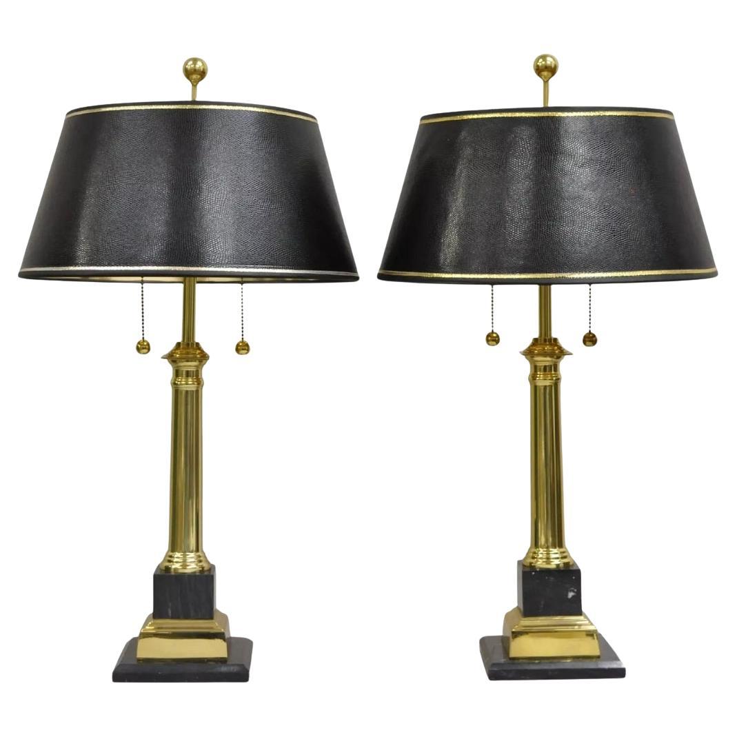 Vintage Französisch Empire Messing & Italienisch Schwarzer Marmor Säule Tischlampen - ein Paar