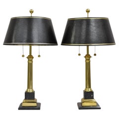 Vintage French Empire Brass & Italian Black Marble Column Table Lamps - a Pair