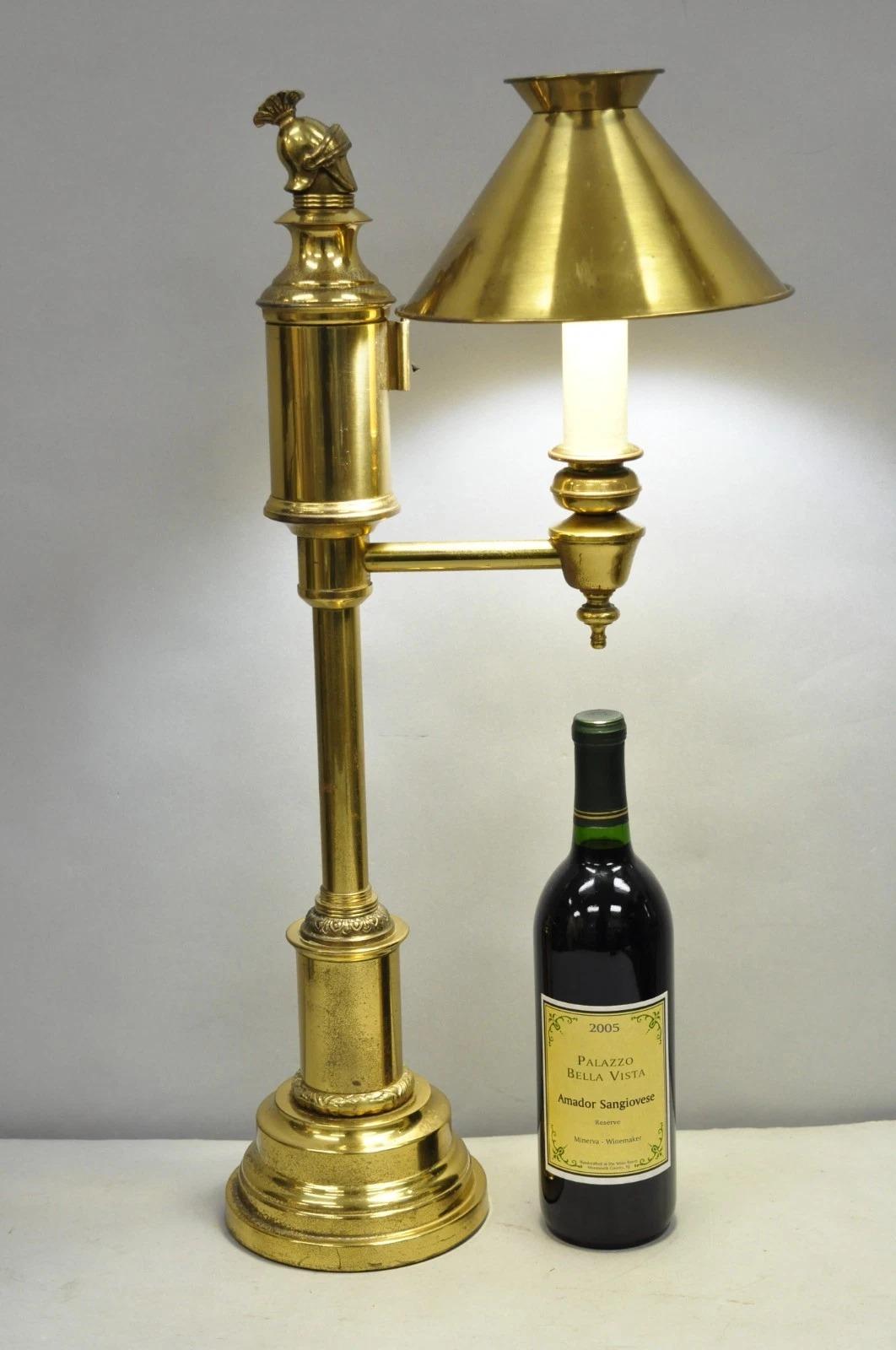 Vintage French Empire Brass Metal Bouillotte Desk Table Lamp w/ Spartan Helmet. Circa Late 20th Century. Measurements: 25