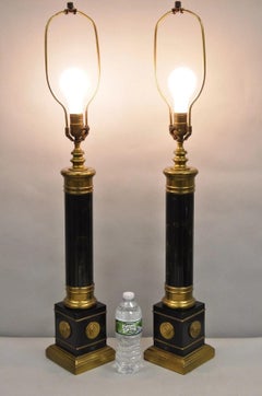 Vintage French Empire Brass Metal "Smoky" Celluloid Column Table Lamps - a Pair