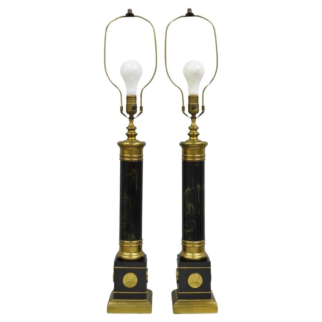 Vintage French Empire Brass Metal "Smoky" Celluloid Column Table Lamps - a Pair