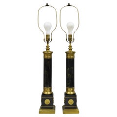 Vintage French Empire Brass Metal "Smoky" Celluloid Column Table Lamps - a Pair